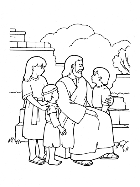 An illustration of Christ sitting with his arm around a young boy while two other children look on.