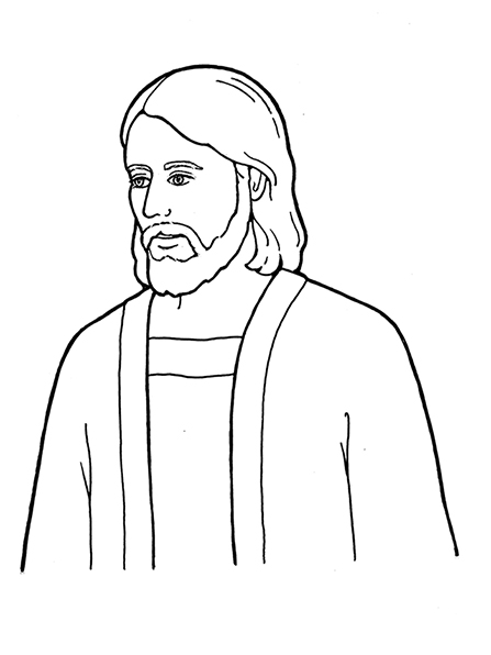 A black-and-white illustration of Jesus Christ wearing a simple robe.