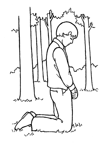 A black-and-white illustration of the young boy Joseph Smith kneeling in prayer in the Sacred Grove prior to the First Vision.
