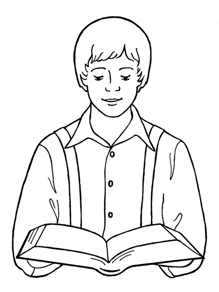 A black-and-white illustration of the young boy Joseph Smith reading the scriptures.