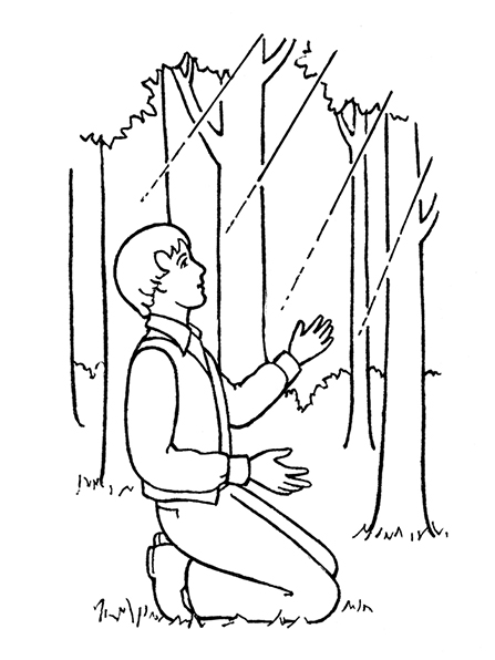 A black-and-white illustration of Joseph Smith kneeling in the Sacred Grove and seeing a light overhead prior to the First Vision.