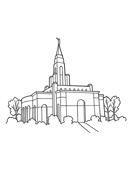 A black-and-white illustration of a temple topped with an angel Moroni statue and surrounded by plants and trees.