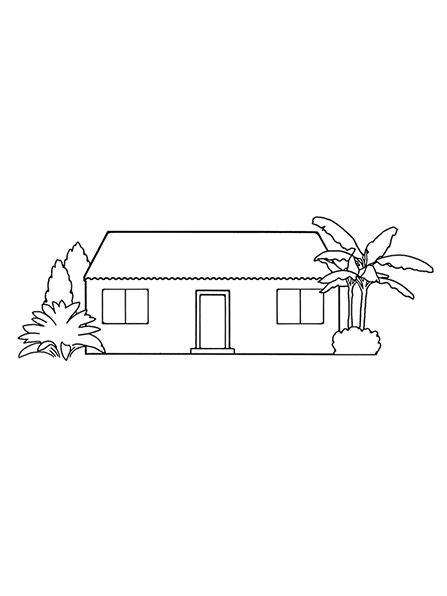 A black-and-white illustration of a small home with plants and trees outside of it.