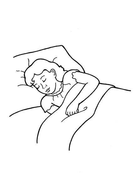 A black-and-white illustration of a girl in a nightgown asleep in a bed.