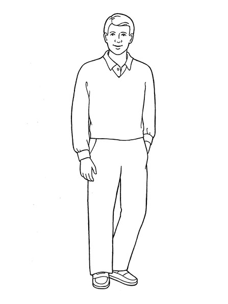 A black-and-white illustration of a man standing and wearing a V-neck sweater over a collared shirt and a simple pair of trousers.