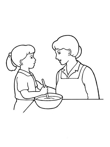 A black-and-white illustration of a mother and daughter stirring a bowl of something together in the kitchen.