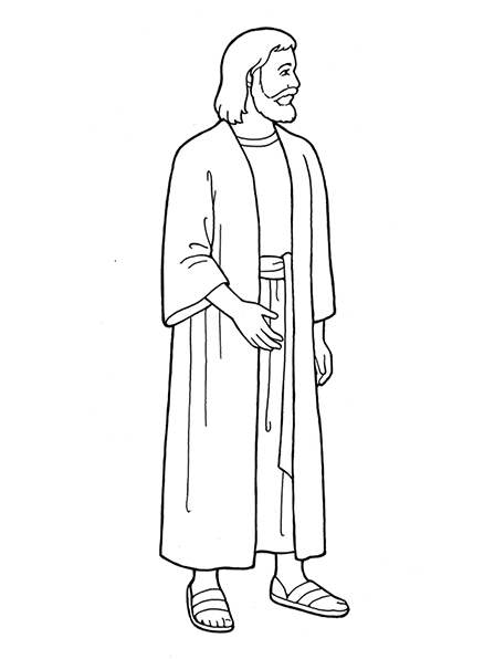 A black and white illustration of Jesus Christ in a robe, standing and looking to the side.