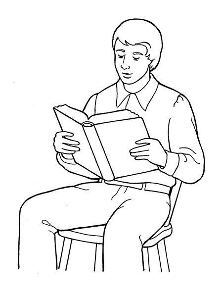 A black-and-white illustration of Joseph Smith as a young man sitting on a stool and reading from a large Bible that he's holding in both hands.