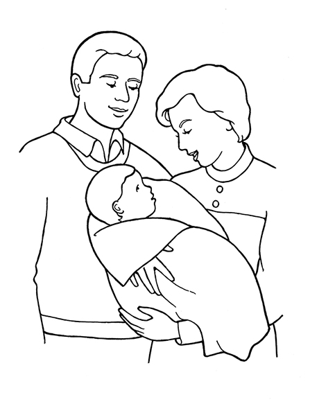A black-and-white illustration of a mother and father standing and looking at their baby, who is wrapped in a blanket in the mother's arms.