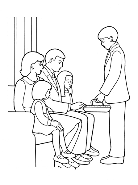 A black-and-white illustration of a deacon passing the sacrament to a family with two young girls.