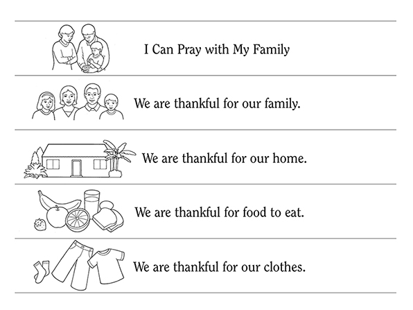 Black-and-white illustrations of a family, a home, clothing, food, and prayer, with statements about the family next to the images.