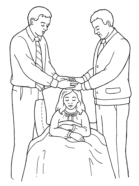 A black-and-white illustration of two men giving a priesthood blessing to a sick girl who is sitting in bed.