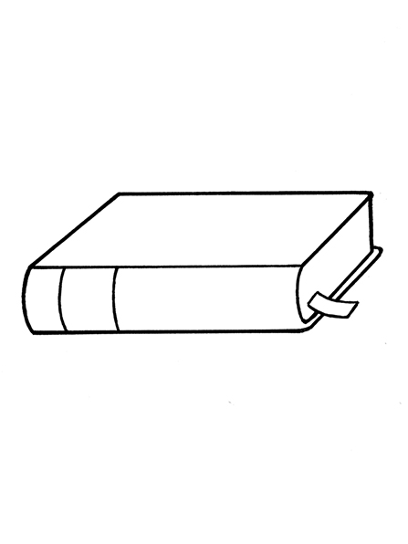 A black-and-white illustration of of the Book of Mormon lying closed on its side with a small ribbon bookmark seen between the pages.
