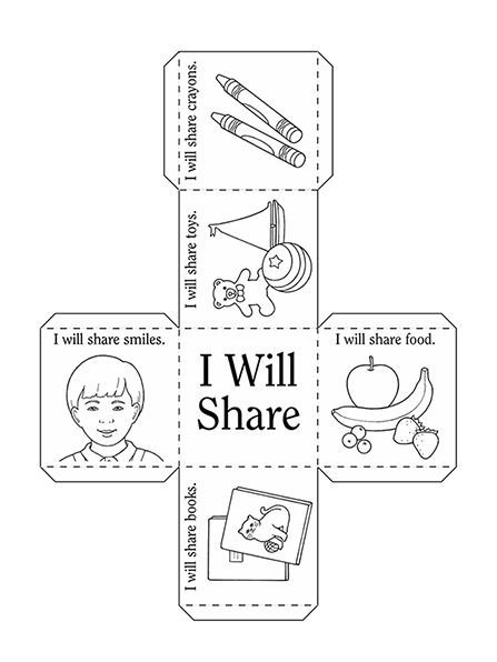 An activity page of a series of illustrations, books, toys, crayons, and food meant to be cut out and glued into a cube for a game.