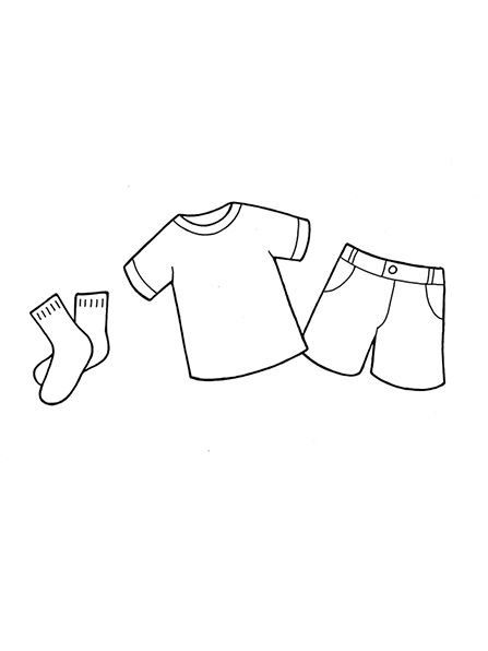 A black-and-white illustration of some children's clothing, including a shirt, shorts, and socks.