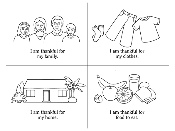 Black-and-white illustrations of a family, a home, clothing, and food, with statements about being thankful beneath the images.