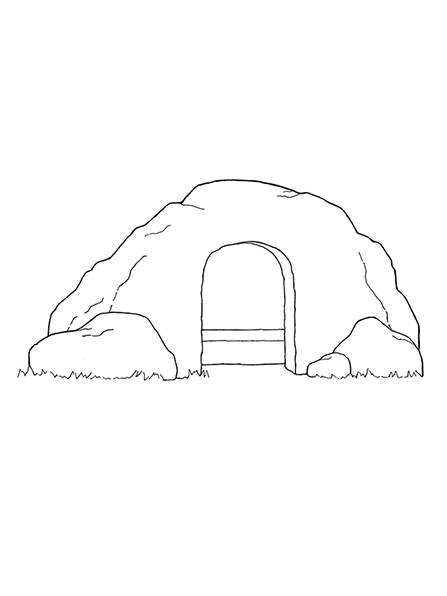 A black-and-white illustration of a large tomb standing empty with no stone or other covering over the entrance.