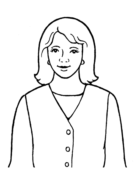 A black-and-white illustration of a woman with shoulder-length hair, wearing a dress and a long-sleeve shirt underneath it.