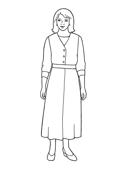 A black-and-white illustration of a woman standing and wearing a long, belted dress with a long-sleeved shirt under it.