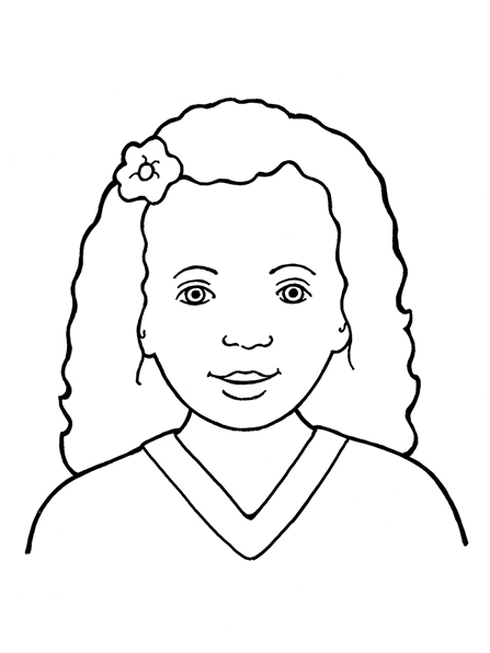 A black-and-white illustration of a Primary-age girl wearing a simple tunic top with a small flower in her curly hair.