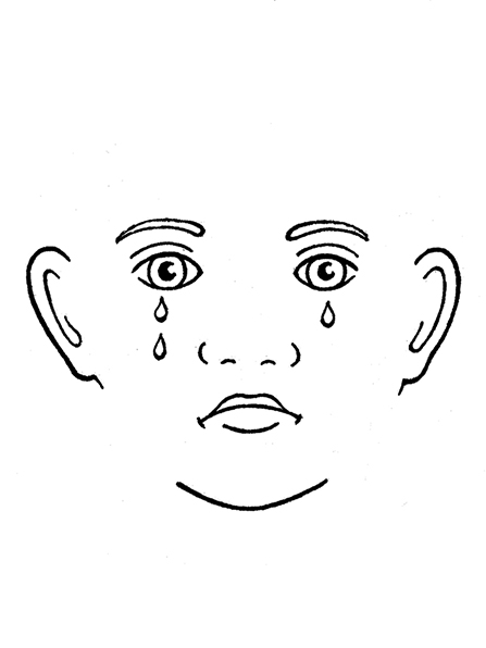 A black-and-white illustration of a face with a frown and several tears falling down from the eyes.