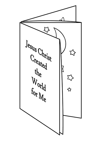 A black-and-white illustration of a booklet that says "Jesus Christ created the world for me" on the cover with images of the Creation seen inside.