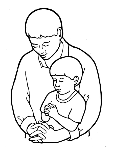 A black-and-white illustration of a man and a boy bowing their heads and folding their hands in prayer.