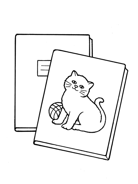A black-and-white illustration of two books stacked on top of each other; the cover on the top book shows an image of a kitten and a ball of string.