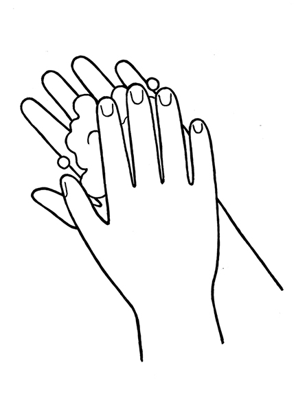 A black-and-white illustration of two hands with a lather of soap between them.