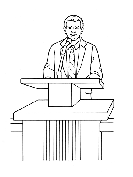 A black-and-white illustration of a bishop in a suit and tie standing at a podium speaking into the microphone.