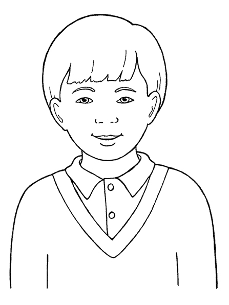 A black-and-white illustration of a young Primary-age boy with short hair wearing a V-neck sweater and a collared shirt.