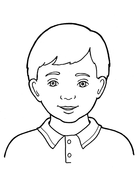A black-and-white illustration of a Primary-age boy with short, straight hair and a shirt with a collar and two buttons.