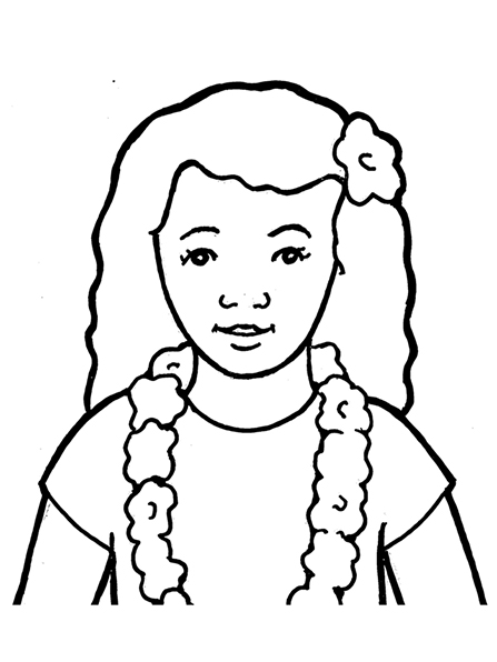 A black-and-white illustration of a young girl with long, curly hair and dark eyes wearing a simple T-shirt, a flower lei, and a flower in her hair.