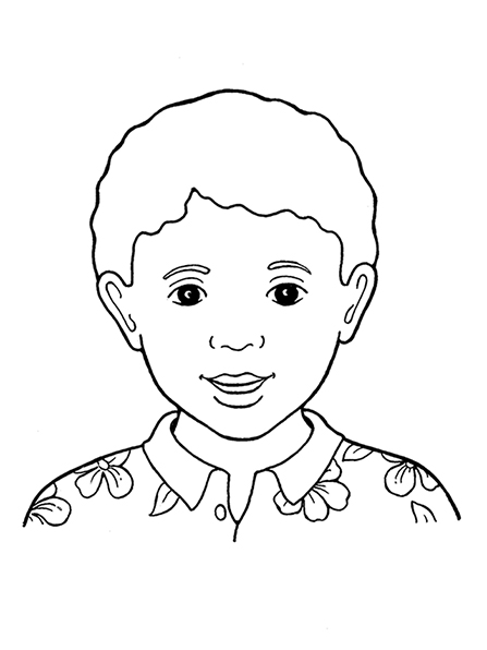 A black-and-white illustration of a young boy with curly hair and dark eyes wearing a flower-patterned, collared shirt.