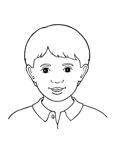 A black-and-white illustration of a young boy with short hair, dark eyes, and a collared shirt.