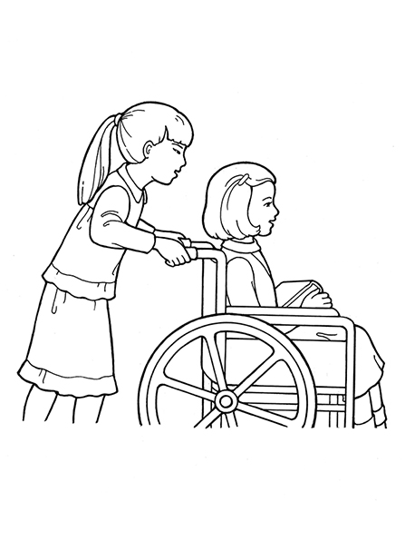 A black-and-white illustration of a young girl in a wheelchair holding books and being pushed by another young girl.