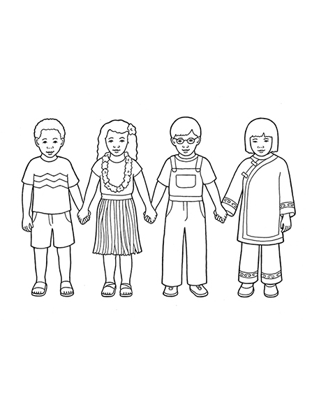 A black-and-white illustration of four children from different nationalities wearing different styles of clothing and standing in a row holding hands.