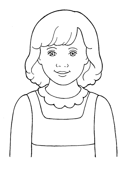 A black-and-white illustration of a young girl with shoulder-length hair wearing a jumper over a blouse with a frilled collar.