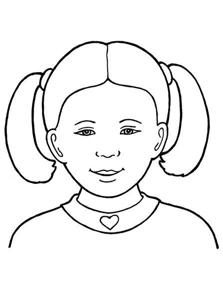 A black-and-white illustration of a Primary-age girl with her hair in two ponytails wearing a shirt with a heart on the collar.