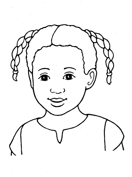 A black-and-white illustration of a young girl with two curly, braided pigtails and dark eyes wearing a simple blouse.