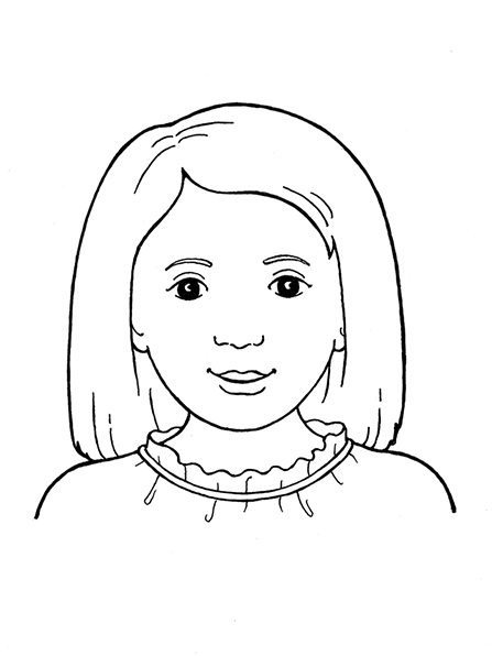 A black-and-white illustration of a young girl with shoulder-length hair, dark eyes, and a blouse with a frilly collar.