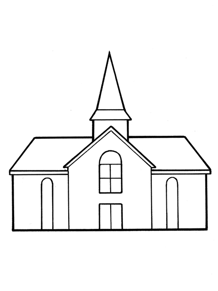 A black-and-white illustration of a Church meetinghouse with a single steeple and several windows on the front.