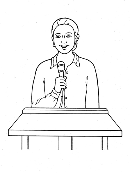 A black-and-white illustration of a Primary president with her hair in a bun standing at a podium, speaking into a microphone she is holding.