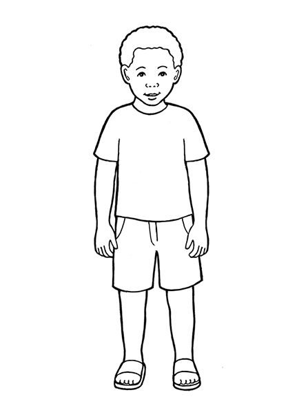 A black-and-white illustration of a young boy with curly hair wearing a T-shirt, a pair of shorts, and sandals.