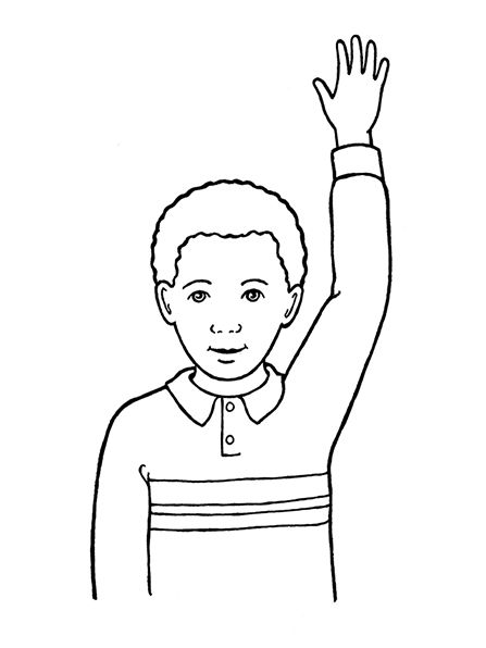 A black-and-white illustration of a young boy with curly hair wearing a striped shirt and raising his hand.