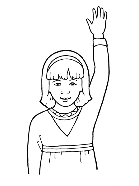 A black-and-white illustration of a girl with shoulder-length hair and a headband, raising one hand.