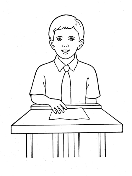 A black-and-white illustration of a young boy in a short-sleeved shirt and a tie, standing at a small podium talking, with a sheet of paper in front of him.