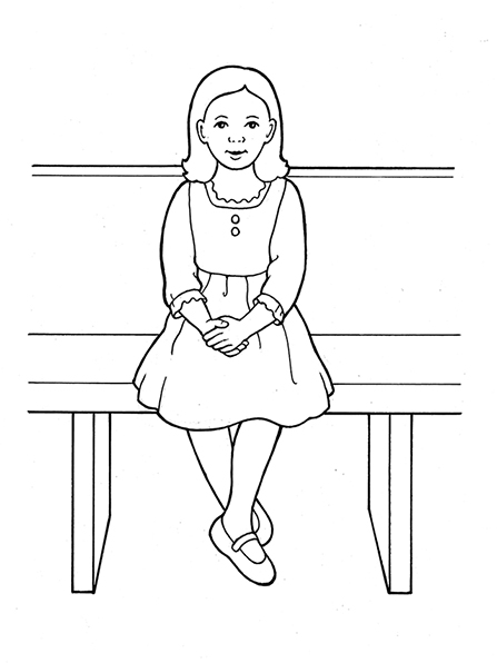A black-and-white illustration of a young girl in a dress sitting on a bench with her hands held in her lap.