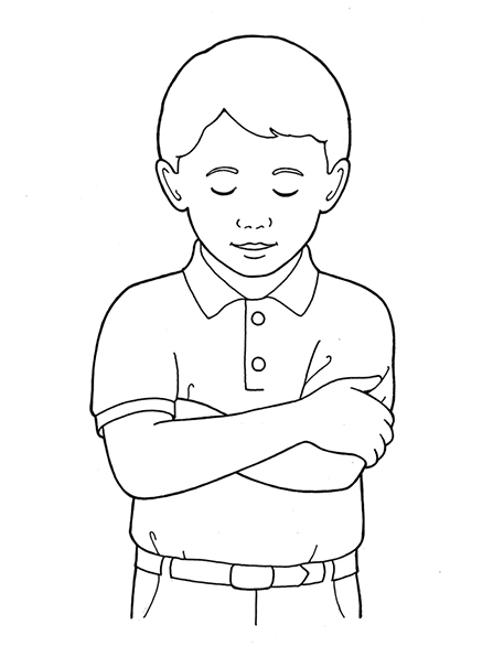 A black-and-white illustration of a boy in a two-buttoned collared shirt with his arms folded, his eyes closed, and his head bowed in prayer.