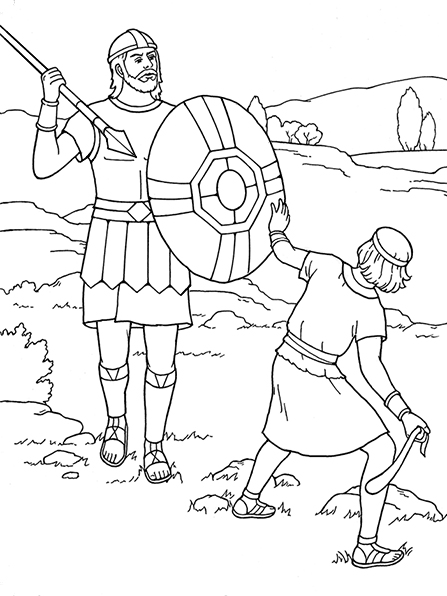 A black-and-white illustration of David with a sling and stone in his hand, swinging it toward Goliath, who is carrying a spear and shield.